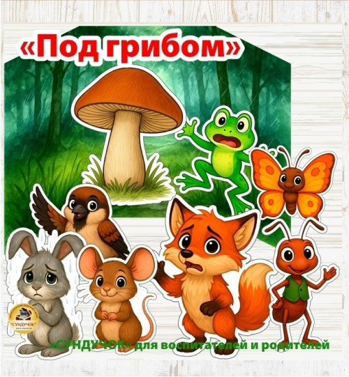 Сказка "Под грибом" для оформления центров РППС, театрализованных игр и мероприятий